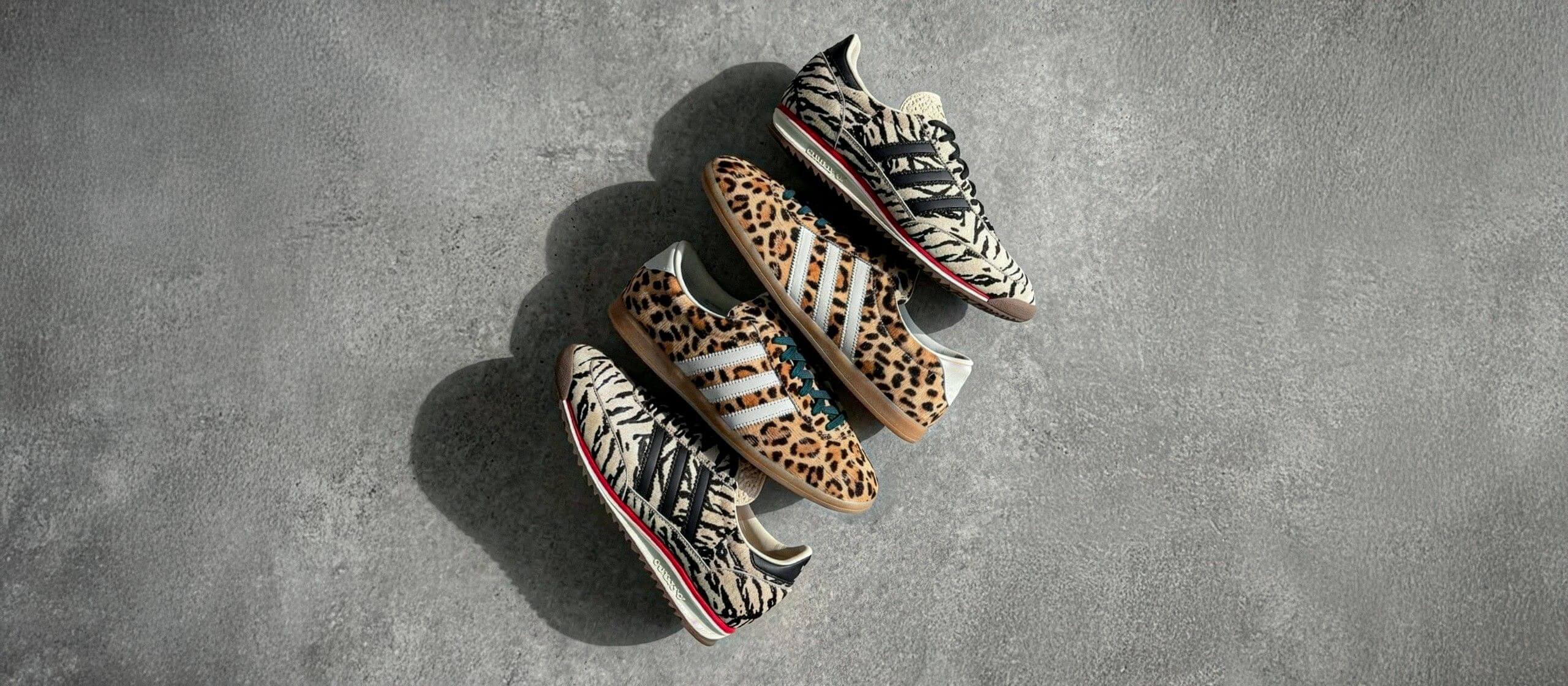 Adidas animal print sneakers on a grey background