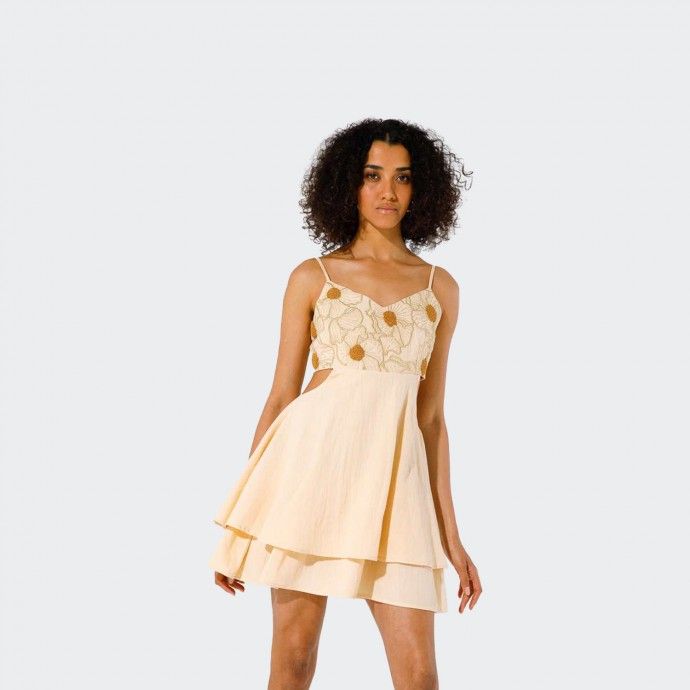 Vestido Mix de Linho com Bordado Goa Goa
