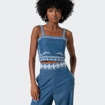 Fracomina Embroidered Chambray Crop Top