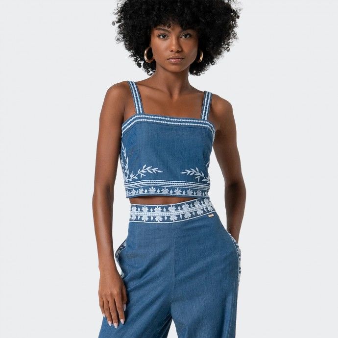 Fracomina Chambray Cropped Top with Straps