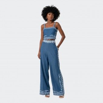 Fracomina Embroidered Chambray Palazzo Trousers