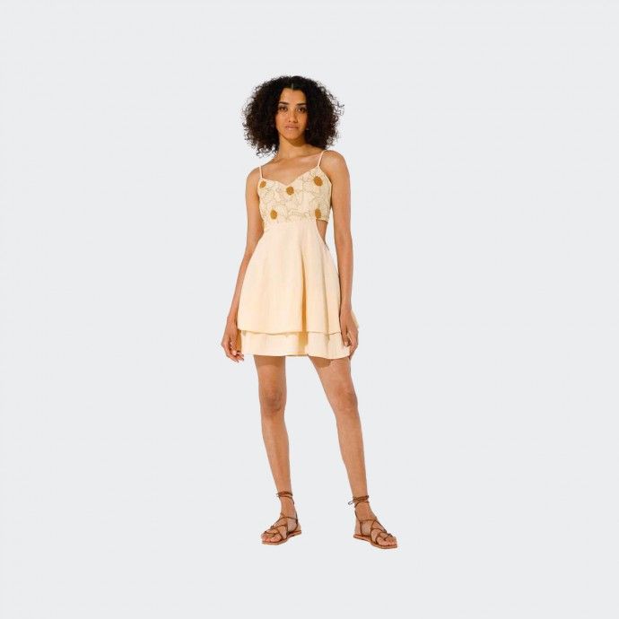 Vestido Mix de Linho com Bordado Goa Goa