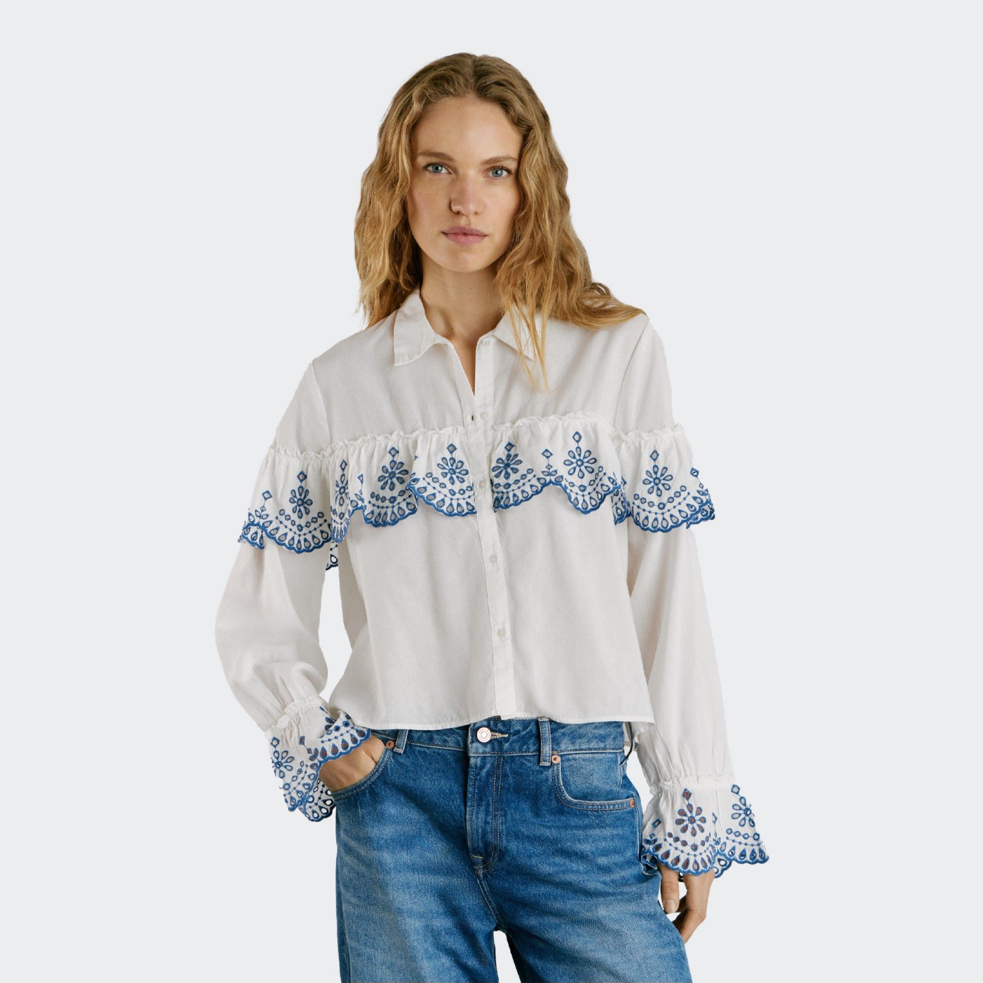 Camisa Com Folhos Bordados Pepe Jeans